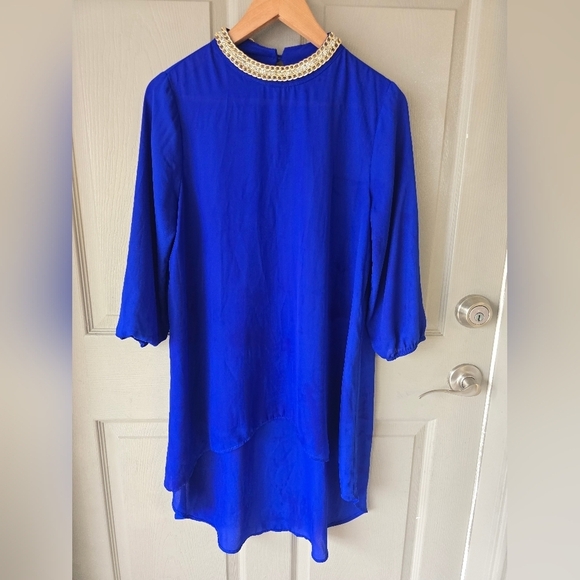 Moa Moa Royal Blue Tunic Sz M Women Embellished Collar Hi-Low Coastal - Picture 2 of 11